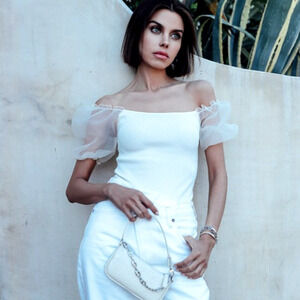 Astr the Label Ivory Sheer Puff Sleeve Bodysuit S Parisian French Girl Basic NWT